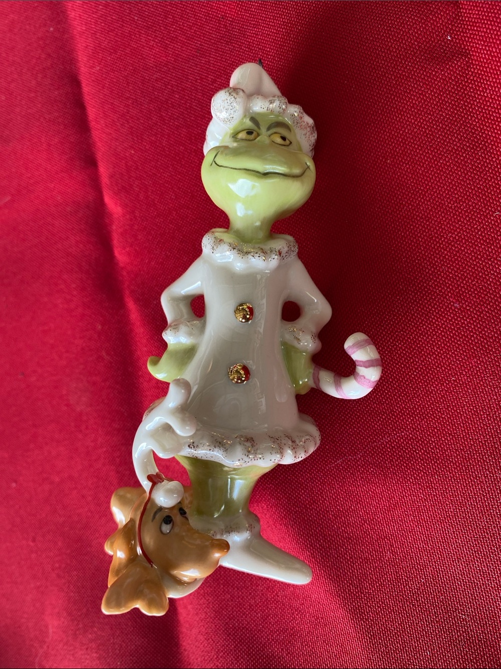 Lenox Grinch Ceramic Figurine in White, Green and Gold with Candy Cane